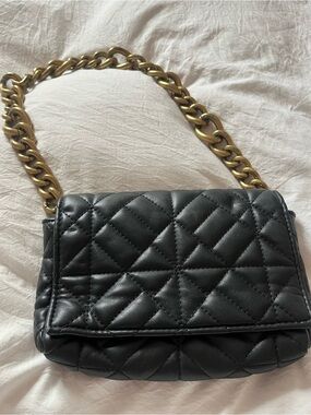 Zara Black Quilted Shoulder Bag with Chunky Gold Chain